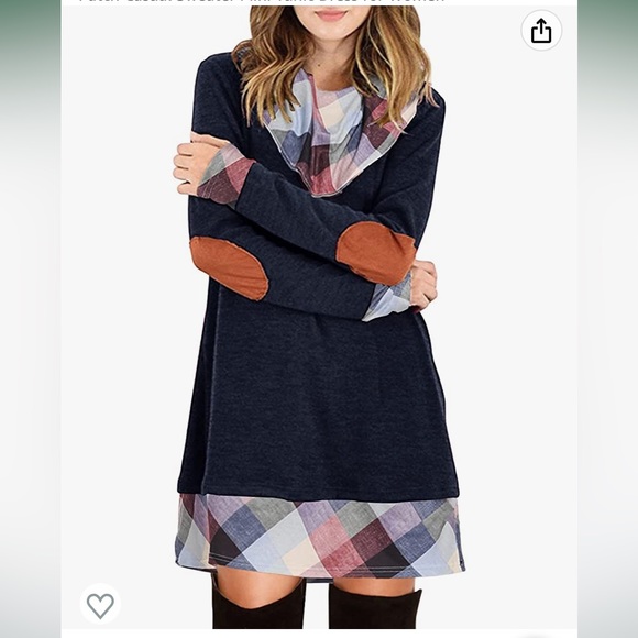 Blue Cowl Neck Tunic Sweater Dress with Plaid Accent - Size L - Picture 1 of 5